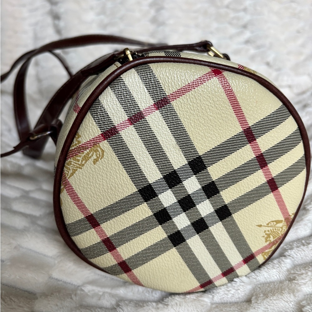 Vintage Burberrys Nova Check Barrel Bag Beige Tan Leather Equestrian Logo - Picture 5 of 14